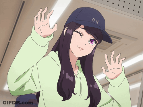 A Girl Wearing A Hat That Says On Is Waving GIF