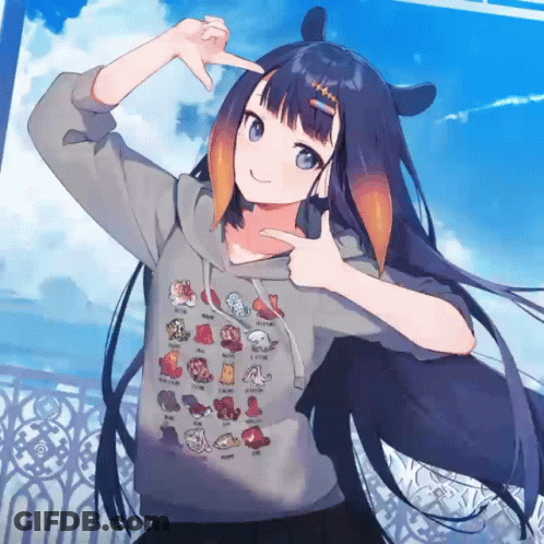A Girl Wearing A Hoodie With Animals On It Is Pointing At Her Head GIF