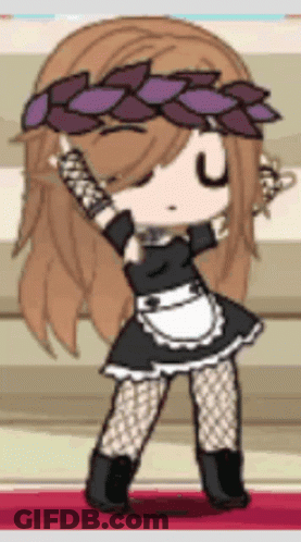A Girl Wearing A Maid Outfit And A Purple Flower Crown Is Dancing . GIF
