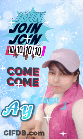 A Girl Wearing A Pink Vest And A Pink Hat Stands In Front Of A Sign That Says Join Join GIF