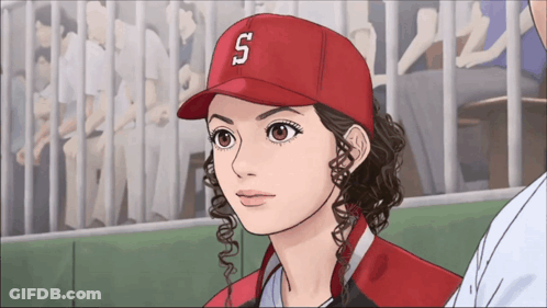 A Girl Wearing A Red Hat With The Letter S On It GIF