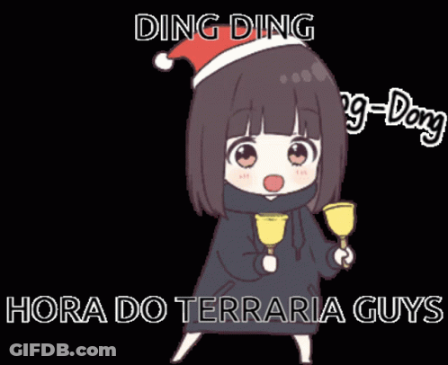 A Girl Wearing A Santa Hat Is Holding Bells And Says Ding-Ding Hora Do Terraria Guys GIF