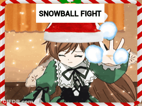 A Girl Wearing A Santa Hat Is Holding Snowballs In Front Of A Sign That Reads Snowball Fight GIF