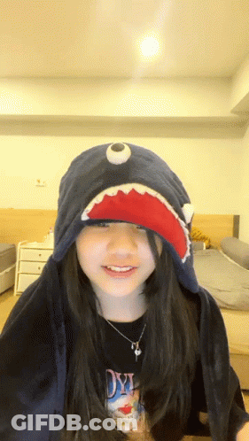 A Girl Wearing A Shark Hat And A Shirt That Says Dyi On It GIF