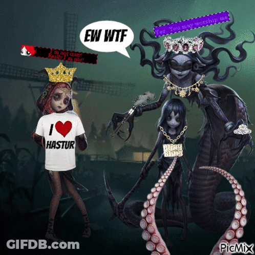 A Girl Wearing A Shirt That Says I Love Hastur Stands Next To A Monster GIF