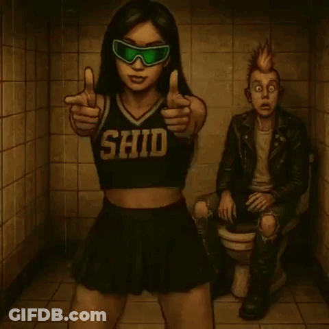 A Girl Wearing A Shirt That Says ' Shid ' Is Pointing At The Camera GIF