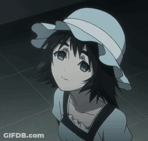 A Girl Wearing A White Hat And A Blue Shirt Looks Up GIF