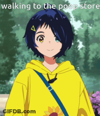 A Girl Wearing A Yellow Hoodie Is Walking To A Poop Store GIF