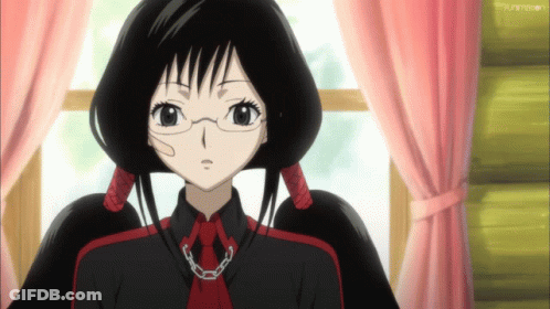 A Girl Wearing Glasses And A Red Tie Is Sitting In Front Of A Window With A Pink Curtain Behind Her GIF