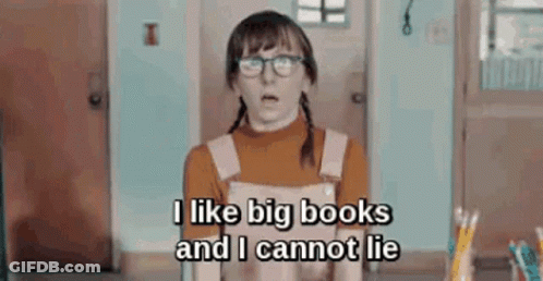 A Girl Wearing Glasses And Overalls Is Standing In A Room And Says `` I Like Big Books And I Cannot Lie '' GIF