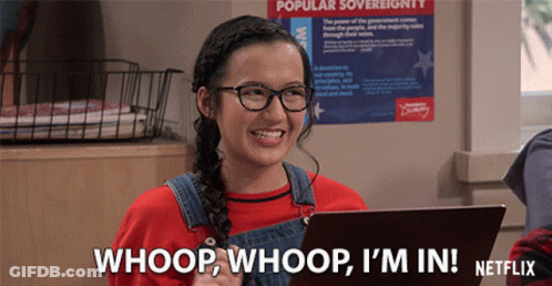 A Girl Wearing Glasses And Overalls Says Whoop Whoop I 'M In GIF