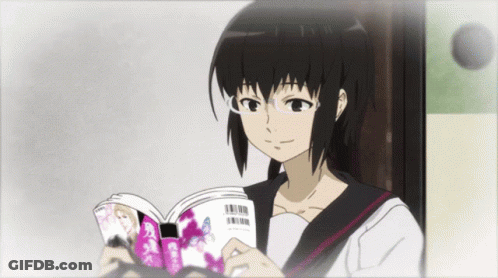 A Girl Wearing Glasses Is Reading A Book With A Barcode On The Front GIF