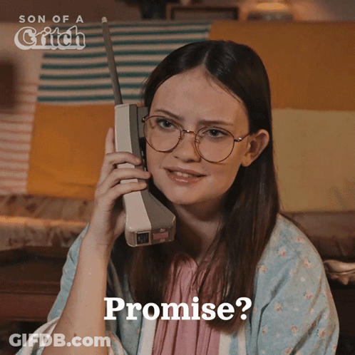 A Girl Wearing Glasses Is Talking On A Cell Phone With The Words Promise On The Bottom GIF