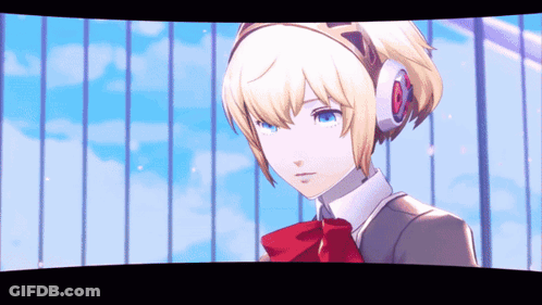 A Girl Wearing Headphones And A Red Bow Tie Stands In Front Of A Blue Sky GIF
