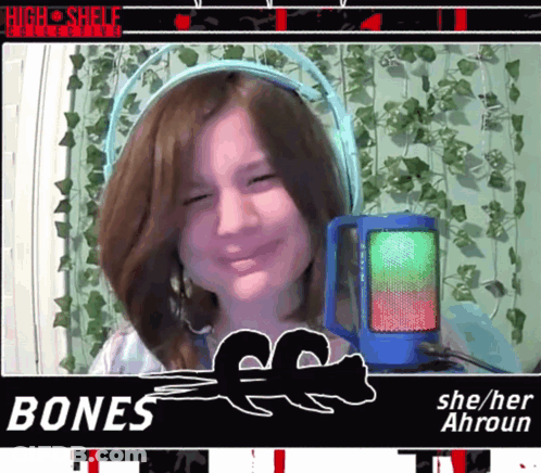 A Girl Wearing Headphones And A Sign That Says Bones On It GIF
