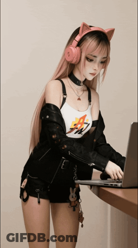 A Girl Wearing Headphones And A T-Shirt That Says ' A ' On It GIF