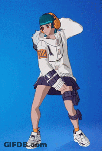 A Girl Wearing Headphones And A White Jacket Is Standing In Front Of A Blue Background GIF