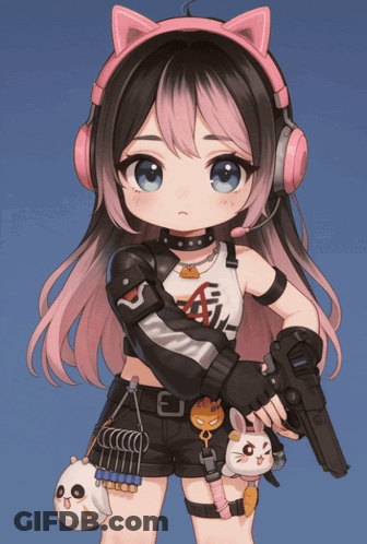 A Girl Wearing Headphones And Holding A Gun Has The Letter A On Her Shirt GIF