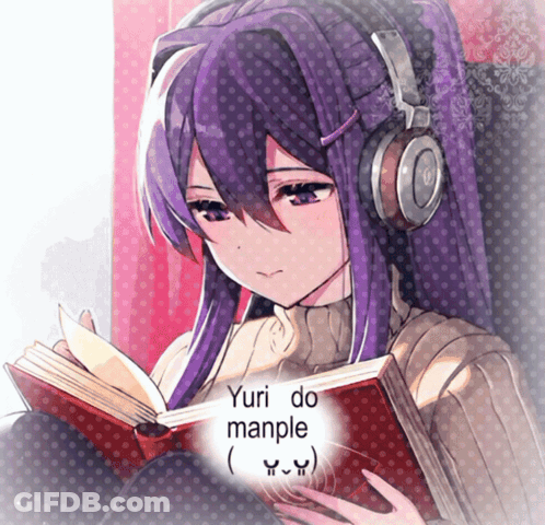A Girl Wearing Headphones Is Reading A Book And The Words Yuri Do Manple Are Above Her Head GIF