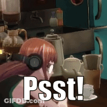 A Girl Wearing Headphones Sitting At A Table With The Words Psst Written On It GIF