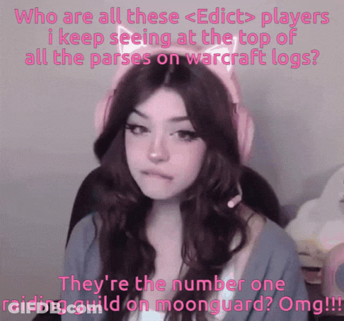 A Girl Wearing Pink Headphones With The Words Who Are All These < Eddict > Players I Keep Seeing GIF
