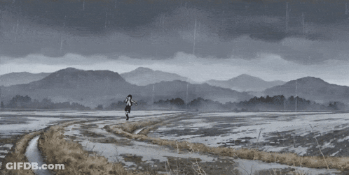 A Girl With A Backpack Is Running Through A Field In The Rain GIF