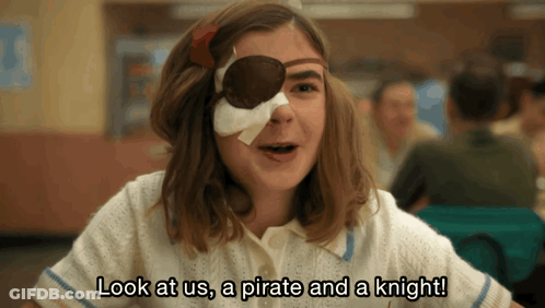 A Girl With A Bandage On Her Eye And The Words Look At Us A Pirate And A Knight GIF
