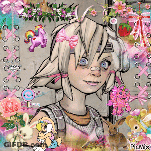 A Girl With A Bandage On Her Nose Is Surrounded By Stuffed Animals Flowers And A Unicorn GIF