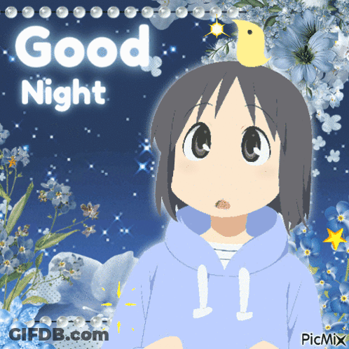 Girl With Bird On Head And Good Night Text GIF