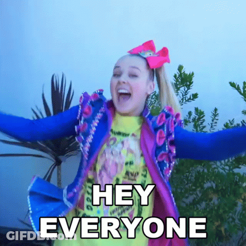 A Girl With A Blue Jacket And A Yellow Shirt Says " Hey Everyone " GIF