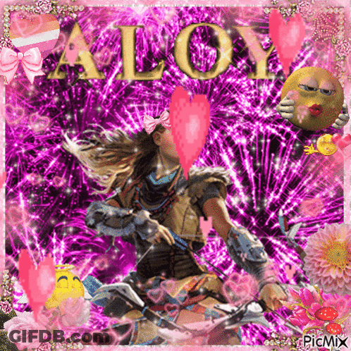 A Girl With A Bow And Arrow Is Surrounded By Hearts And Fireworks With The Name Aloy GIF