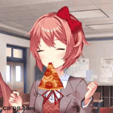 A Girl With A Bow On Her Head Is Eating A Slice Of Pizza . GIF
