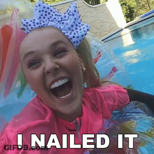 A Girl With A Bow On Her Head Is Laughing In A Pool With The Words `` I Nailed It '' Below Her . GIF