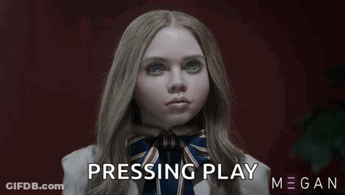 A Girl With A Bow Tie And The Words Pressing Play Megan On The Bottom GIF