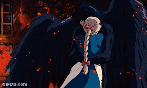 A Girl With A Braid Is Standing Next To A Man With Wings GIF