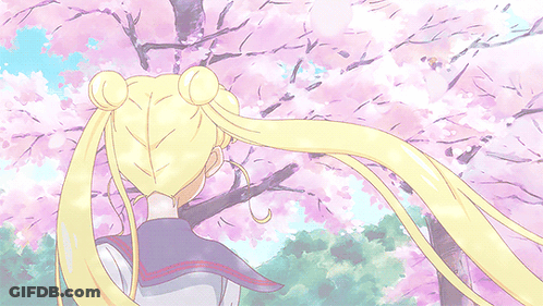 A Girl With A Bun In Her Hair Is Standing Under A Tree With Pink Flowers GIF