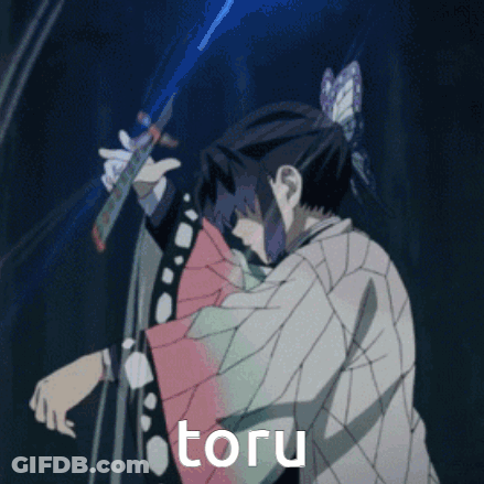 A Girl With A Butterfly In Her Hair Is Holding A Sword And The Word Toru Is On The Bottom Of The Image GIF