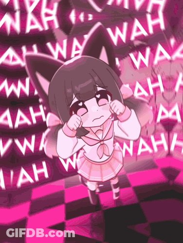 A Girl With A Cat Ear Is Standing In Front Of A Wall Of Wah GIF
