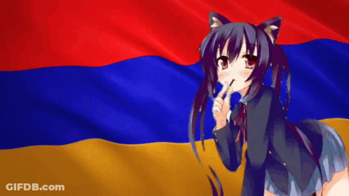 A Girl With A Cat Ear Is Standing In Front Of An Armenian Flag GIF