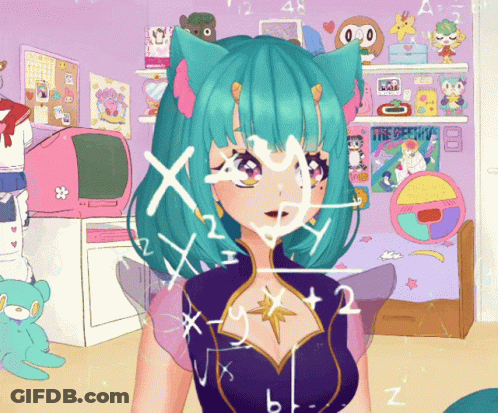 A Girl With A Cat Ear Is Surrounded By Mathematical Equations On Her Face GIF