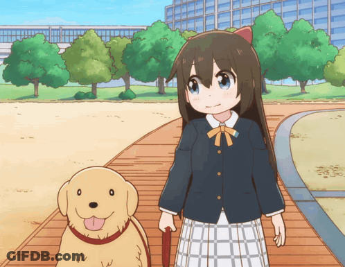 A Girl With A Cat Ear Is Walking A Dog On A Leash In A Park GIF