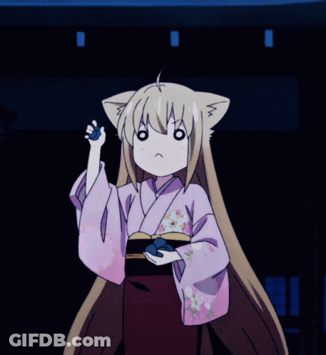 A Girl With A Cat Ear Is Wearing A Kimono And Holding A Blue Cube GIF