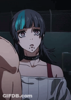 A Girl With A Choker Around Her Neck Is Standing Next To A Man 'S Arm GIF