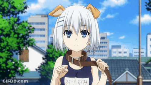 A Girl With A Dog Collar And Ears Is Wearing A Swimsuit That Says ' Origami ' On It GIF