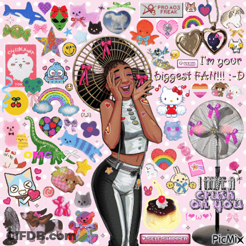 A Girl With A Fan On Her Head Is Surrounded By Stickers Including Hello Kitty GIF