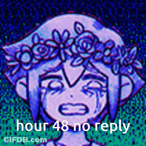 A Girl With A Flower Crown On Her Head Is Crying And Has The Words `` Hour 48 No Reply '' Written On It . GIF