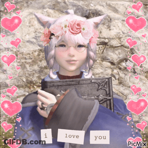 A Girl With A Flower Crown On Her Head Is Holding A Book And A Sign That Says " I Love You " GIF