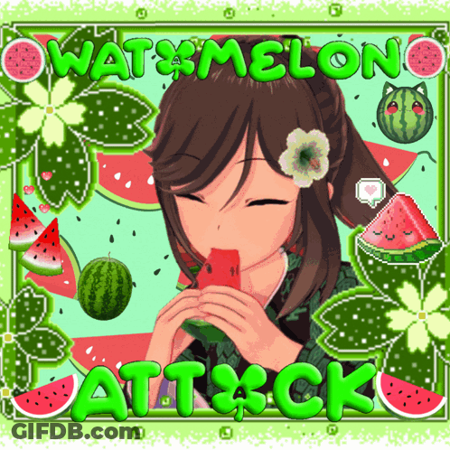 A Girl With A Flower In Her Hair Is Eating A Watermelon With The Words Watermelon Attack Above Her GIF
