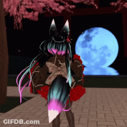 A Girl With A Fox Tail Stands In Front Of A Blue Moon GIF