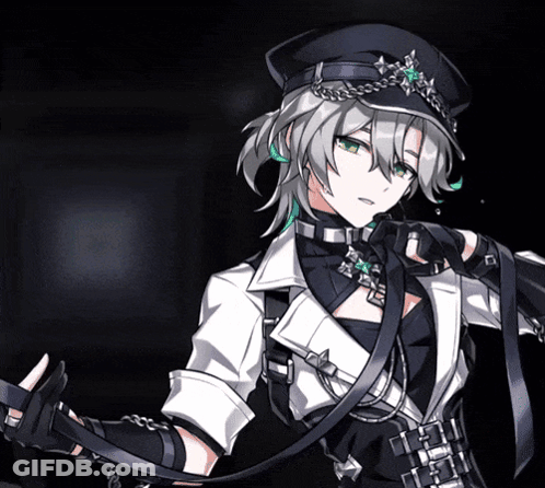 A Girl With A Hat And Gloves Is Holding A Sword GIF
